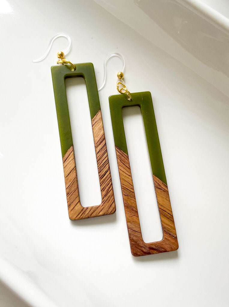 WOOD GRAIN RECTANGLE/GREEN - DANGLE EARRINGS