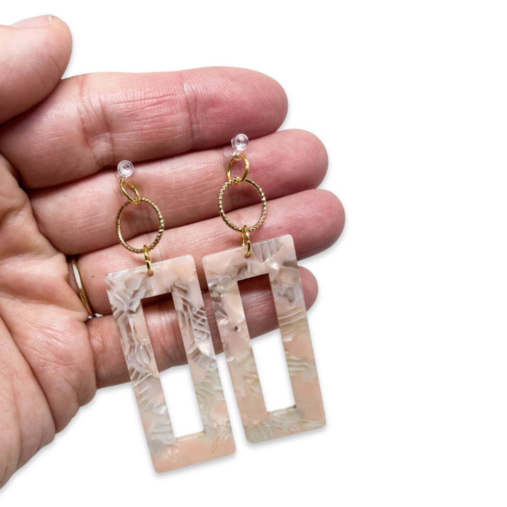 RESIN LARGE RECTANGLE/BLUSH TROPICAL - DANGLE EARRINGS