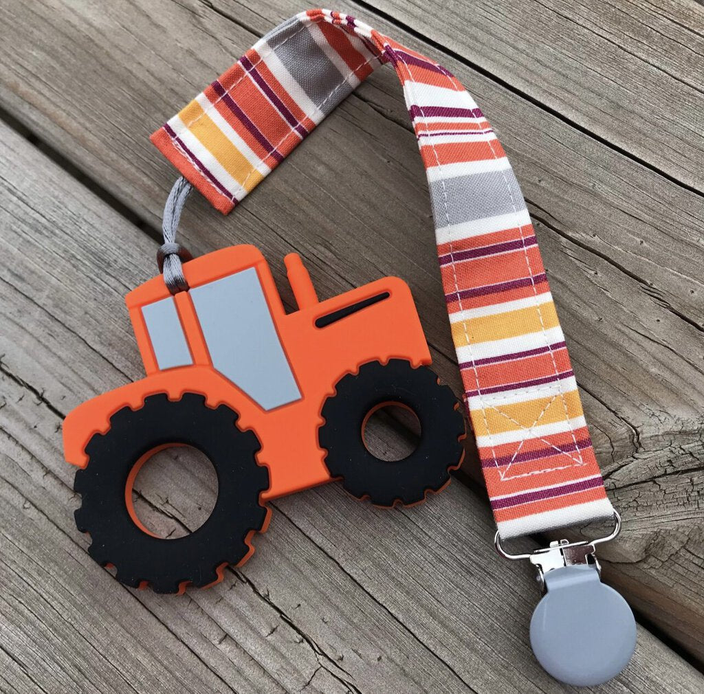 Fabric Pacifier Clip - Orange & Grey Stripe
