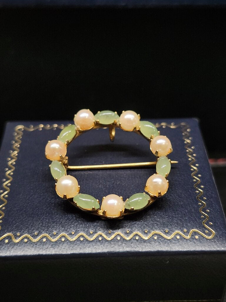 12K GOLD FILLED BROOCH WITH GREEN STONES