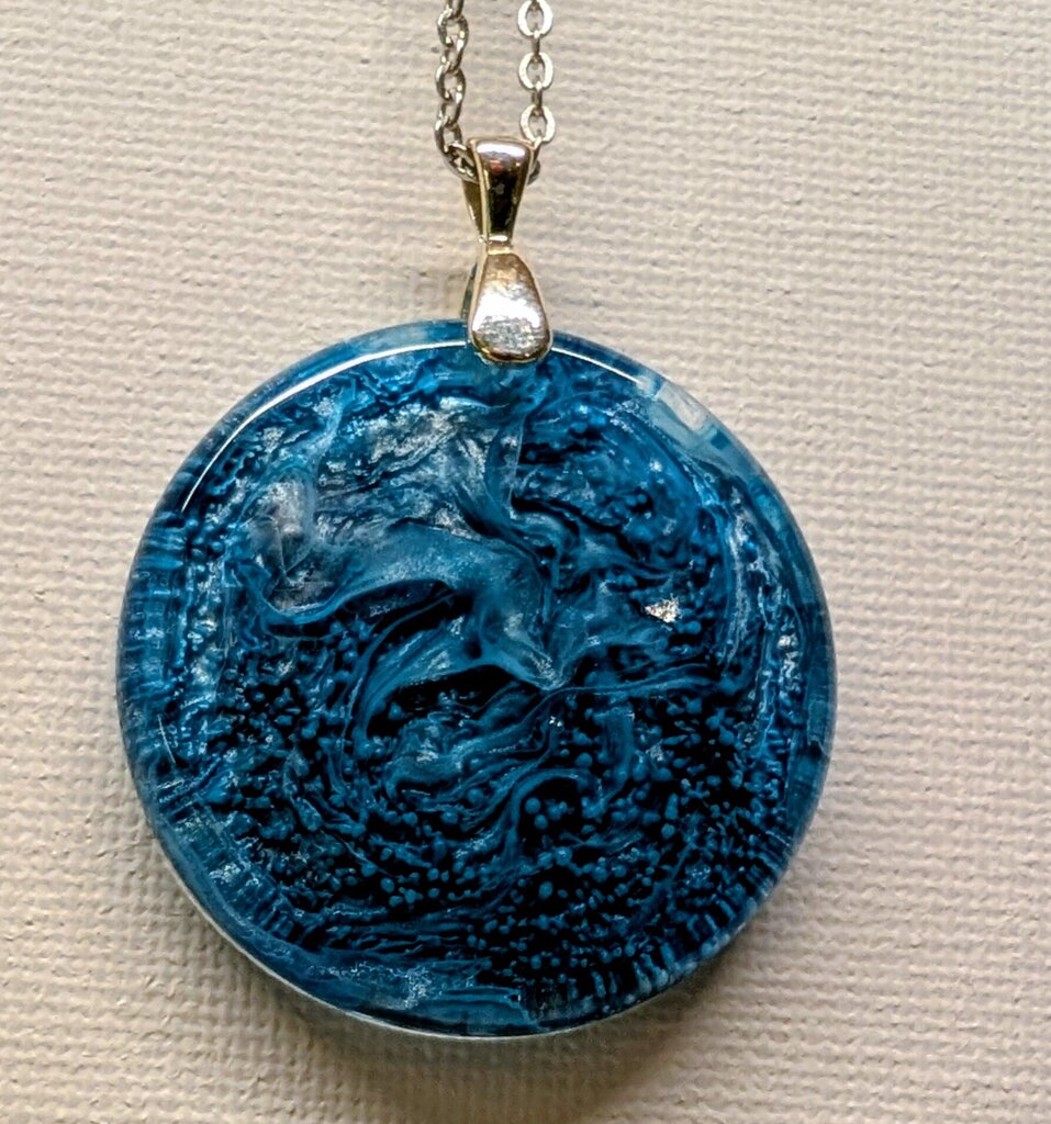 Blue and silver alcohol ink 27 inch stainless steel necklace