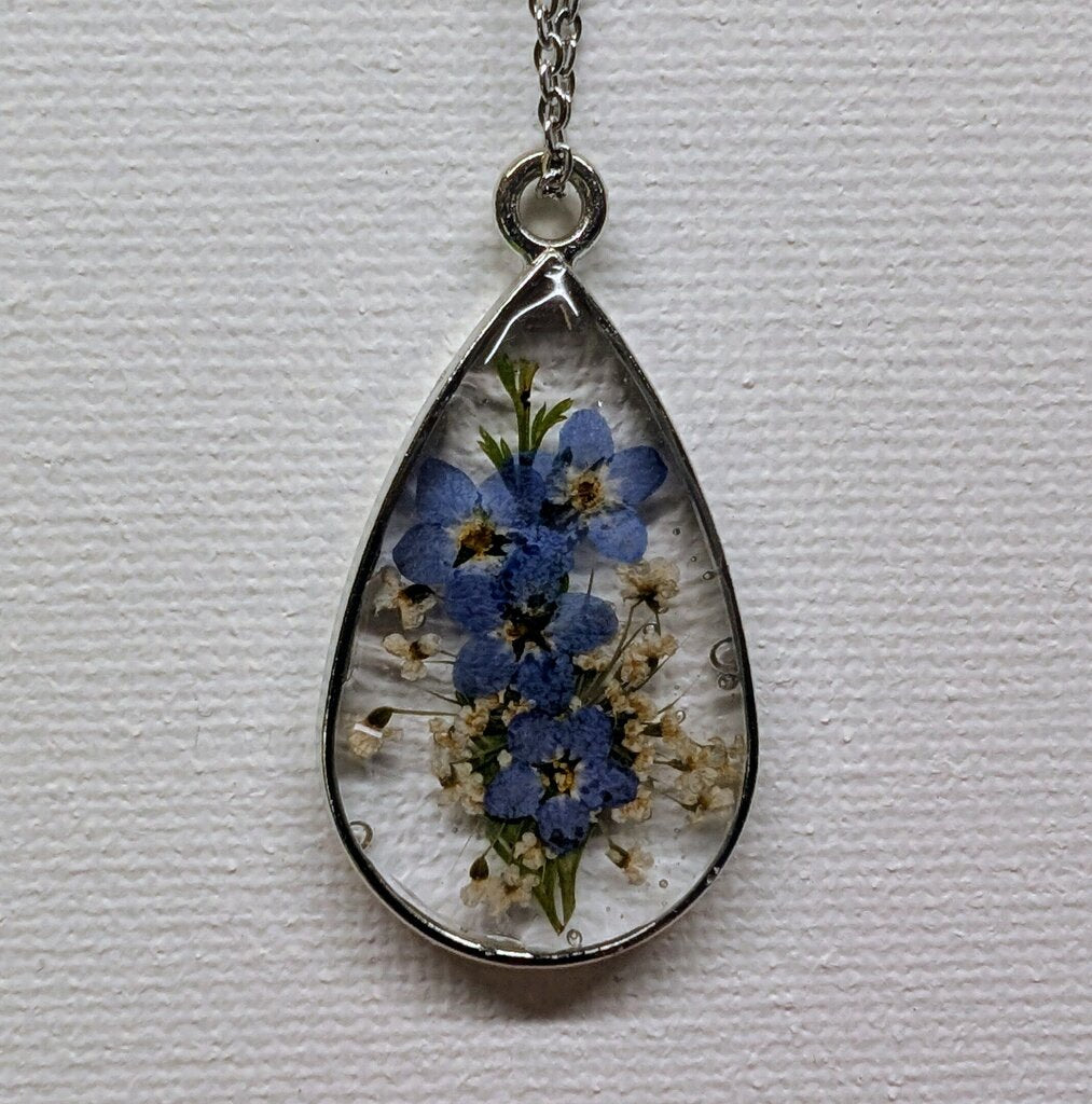 Blue and white Forget Me Not 15 inch stainless steel necklace