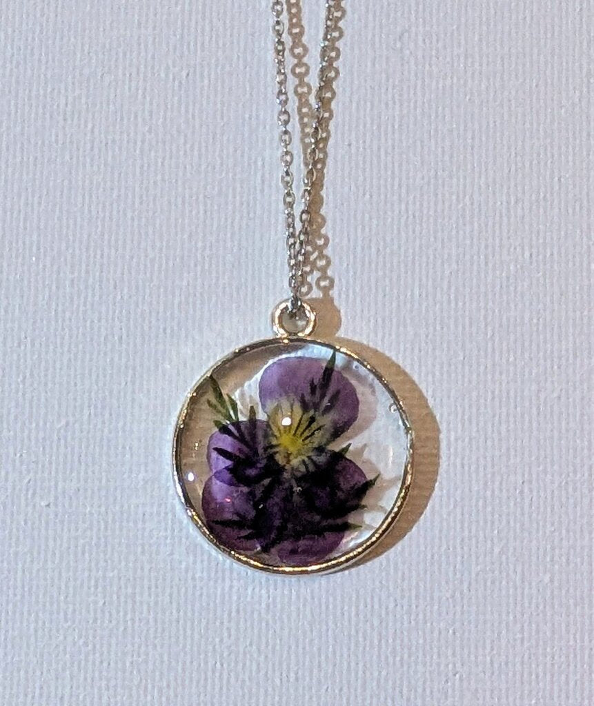Pressed purple pansy 15 inch stainless steel necklace