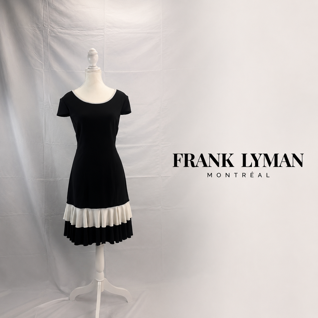 FRANK LYMAN Black & White Ruffle Hem Dress - Size 8