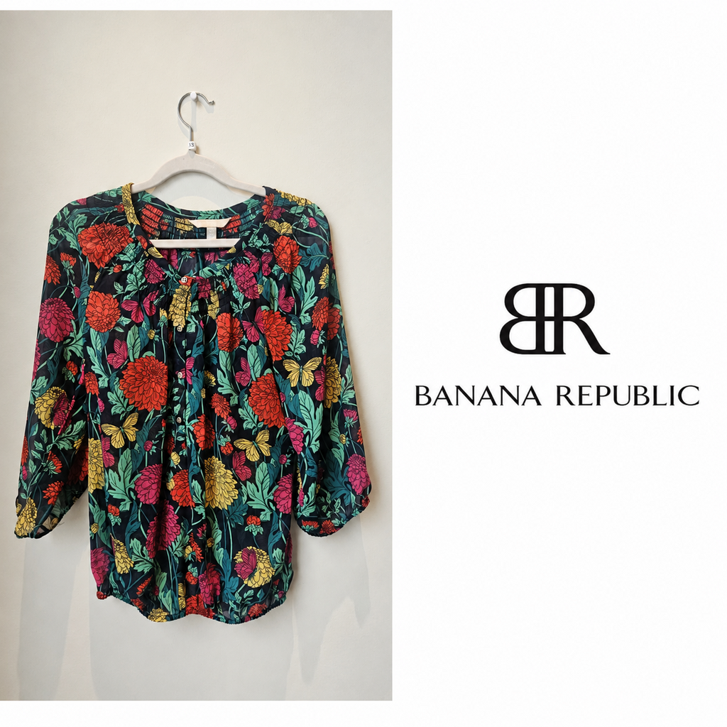 BANANA REPUBLIC Floral Butterfly Peasant Blouse ~ XS
