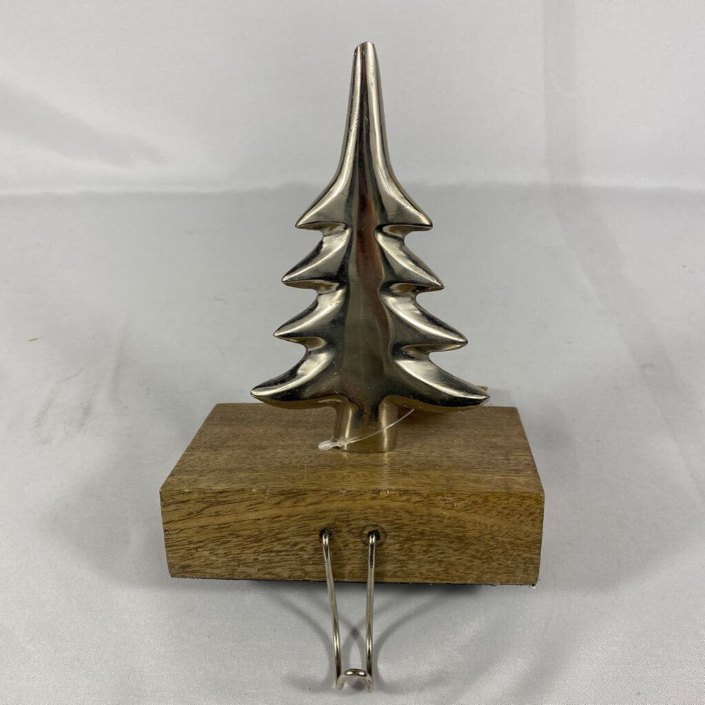 METAL TREE ON WOOD STOCKING HANGER