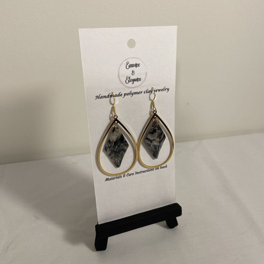 BLACK & GOLD DIAMOND TEARDROP HOOP EARRINGS