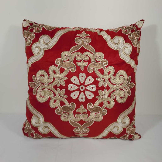 RED SATIN PILLOW W/TAUPE EMBROIDERY