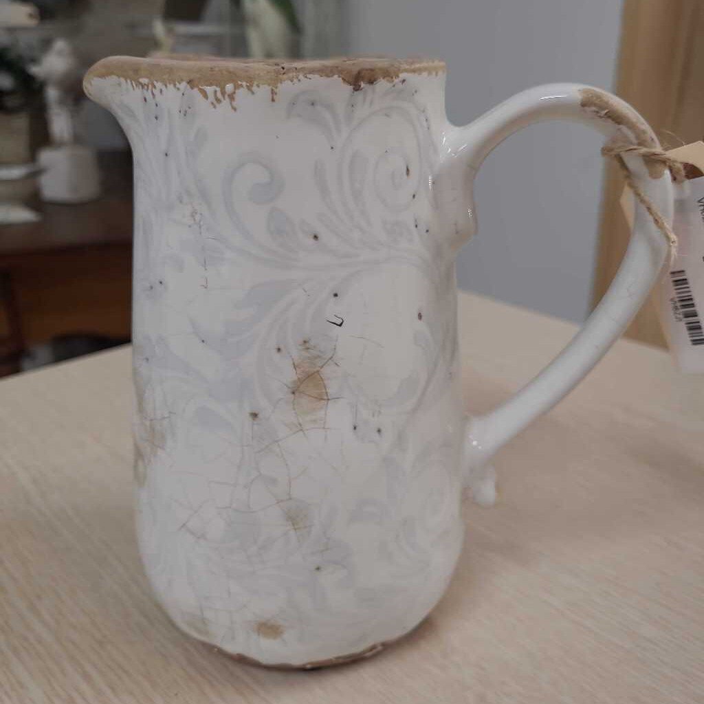 French Country Inspired Distressed White Scroll Pitcher