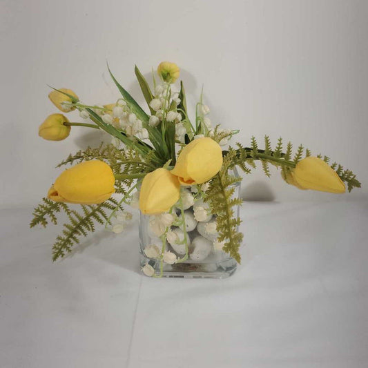 FAUX YELLOW TULIPS IN GLASS VASE