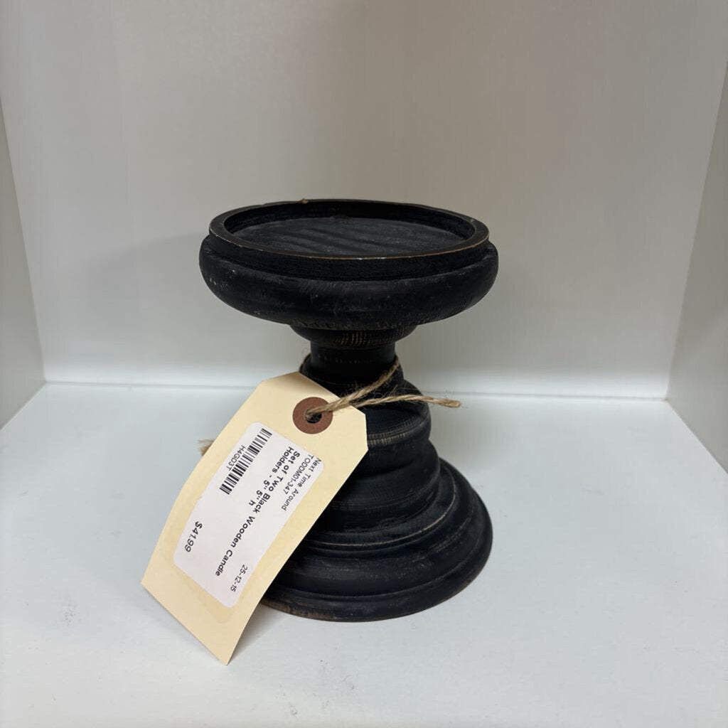Set of Two Black Wooden Candle Holders - 5"