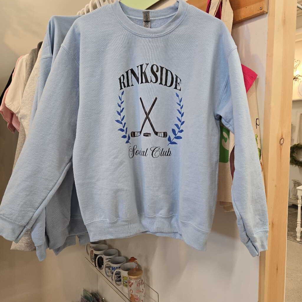 "Rinkside Social Club" L Light Blue Crewneck Sweater