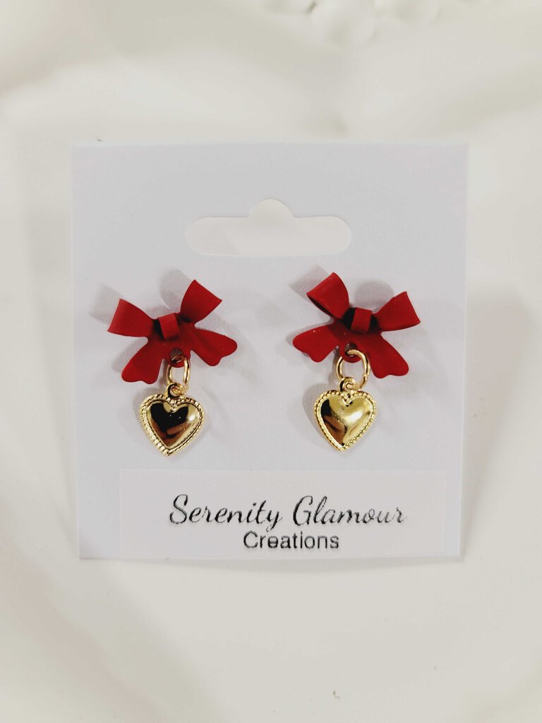 18k Gold Plated Read Bow Gold Heart Earings