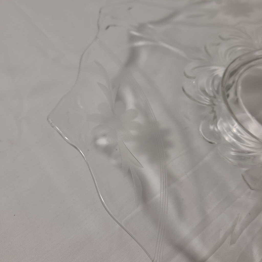 VTG FLORAL ETCHED OCTAGONAL GLASS CAKE PLATE
