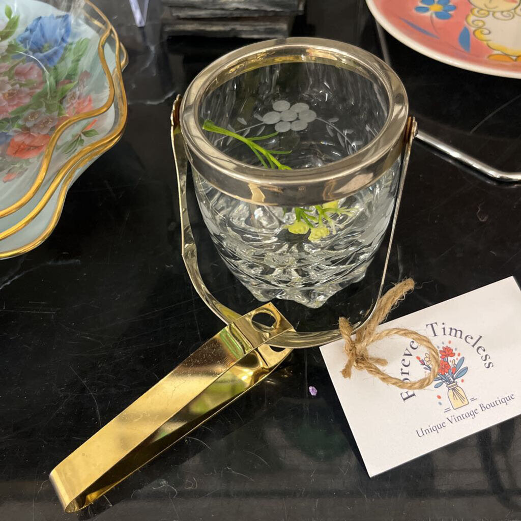 MINI FLORAL ETCHED ICE BUCKET & GOLD COLOUR TONGS & RIM