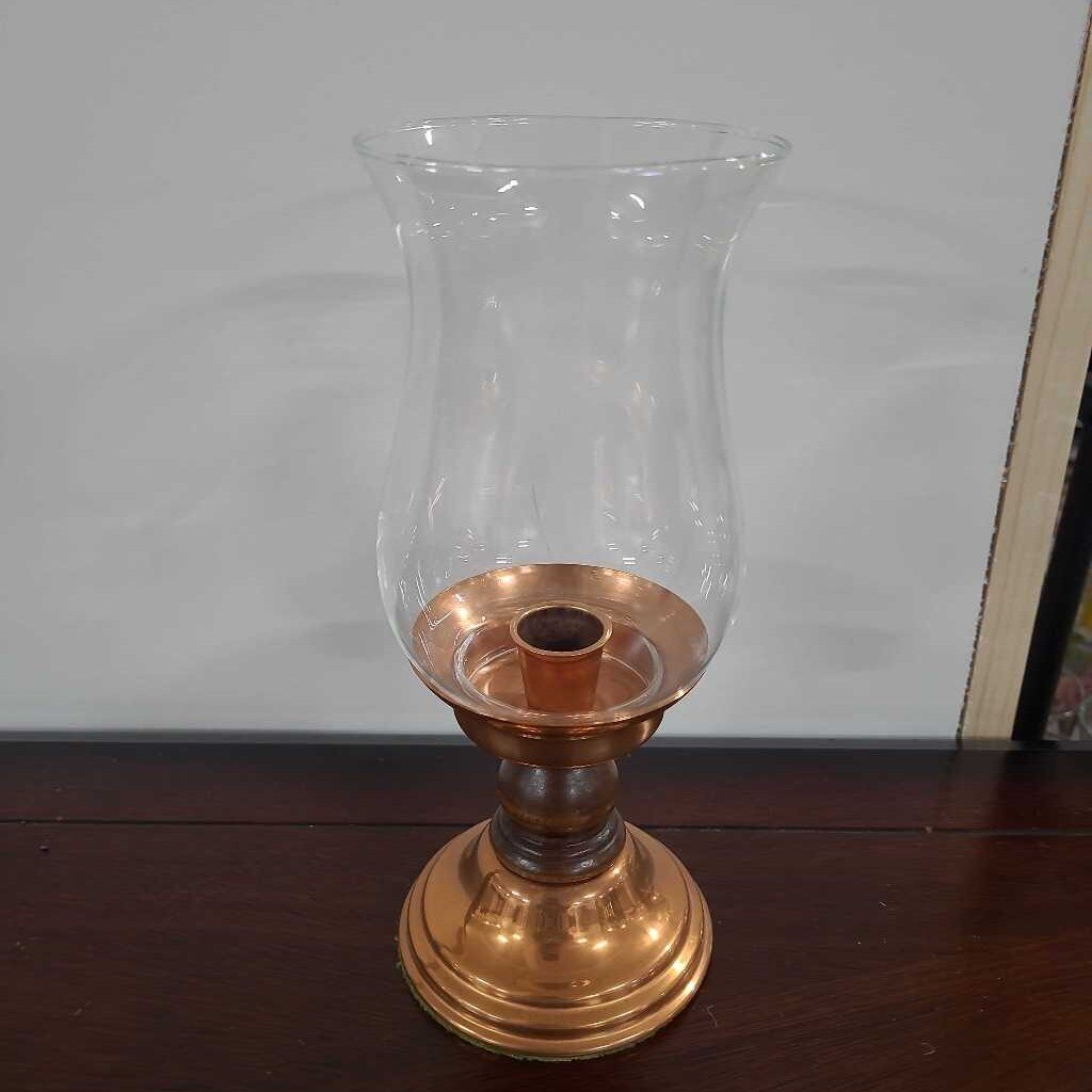 VTG COPPER, WOOD & GLASS HURRICANE LAMP CANDLE HOLDER