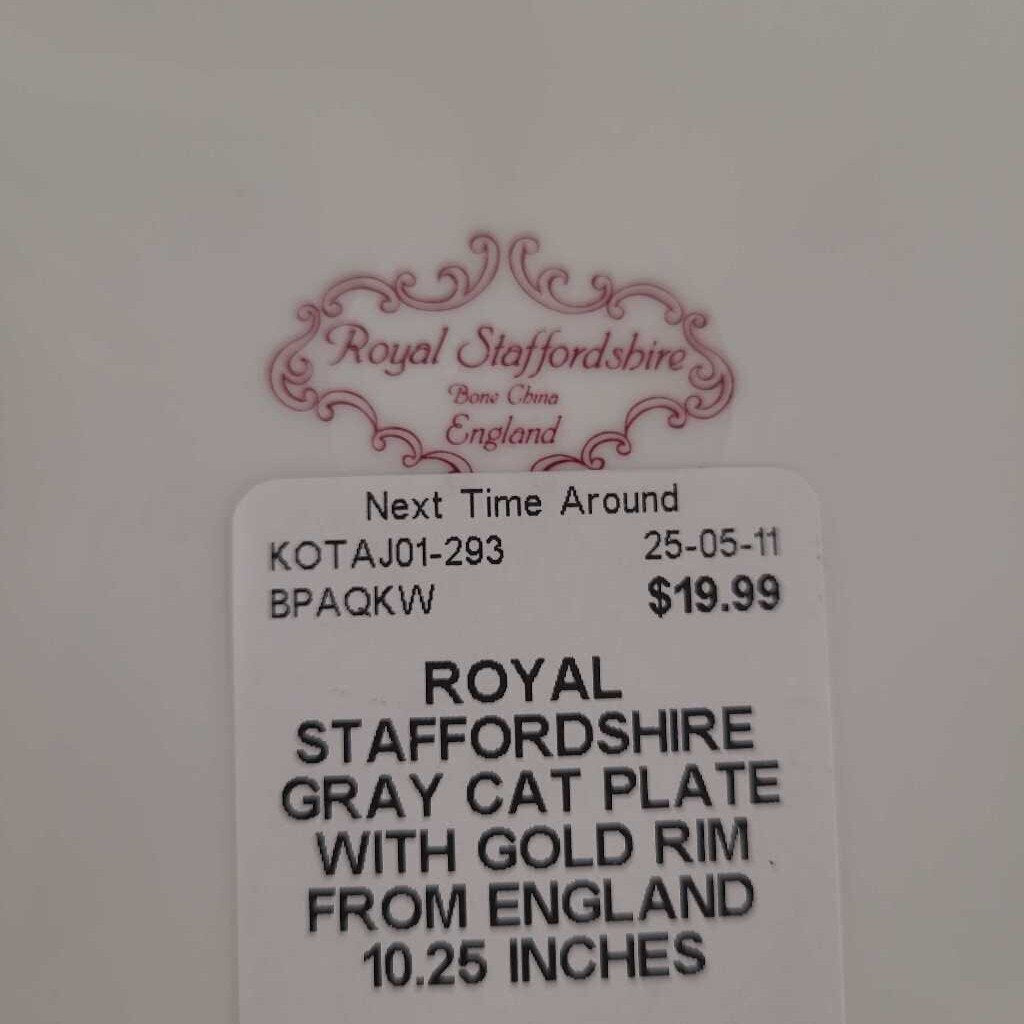ROYAL STAFFORDSHIRE GRAY CAT PLATE WITH GOLD RIM FROM ENGLAND
