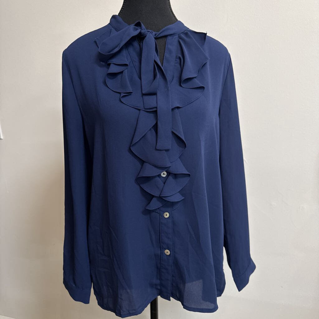 NAVY BLUE RUFFLE BUTTON DOWN
