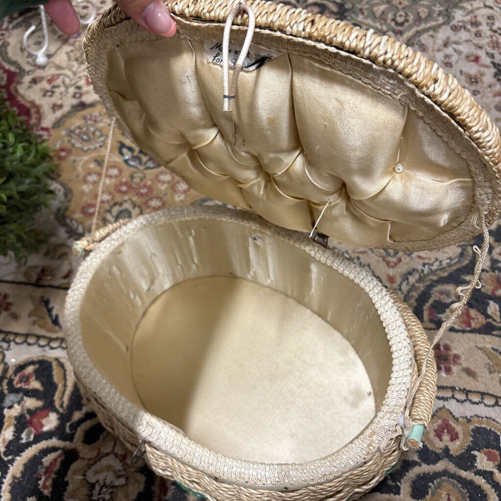 VINTAGE SEWING BASKET WITH VINYL FLORAL TOP