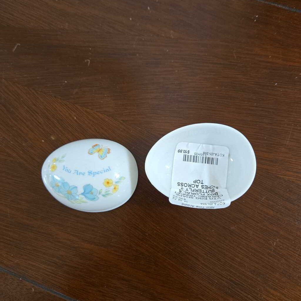 VTG EGG SHAPE CERAMIC TRINKET BOX FLORAL & BUTTERFLY