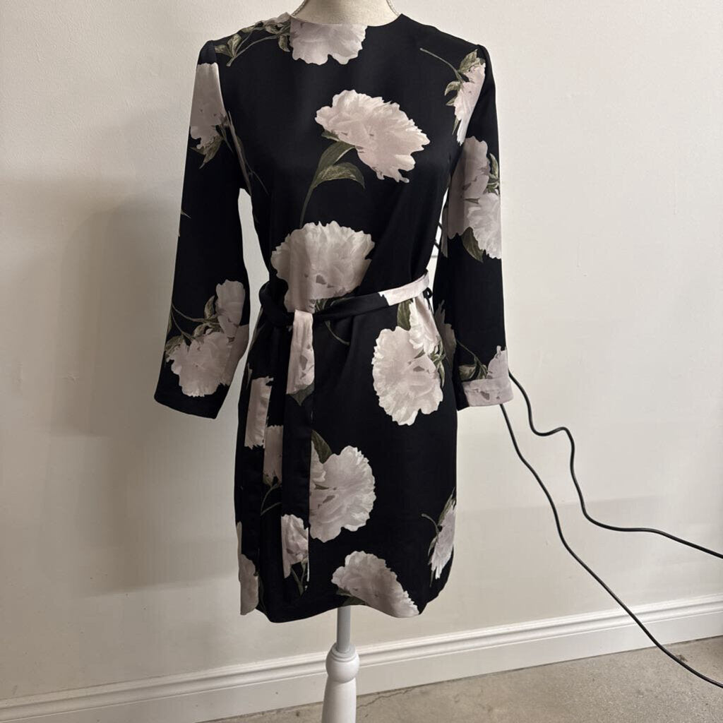 BLACK SATIN FLORAL DRESS