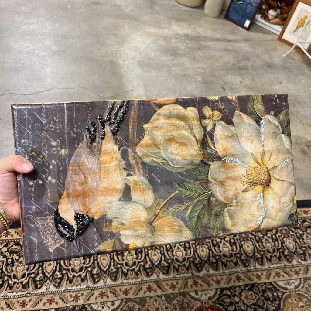 VTG DECOUPAGE PRINT BIRD/FLOWERS FRENCH WRITING HAND MADE