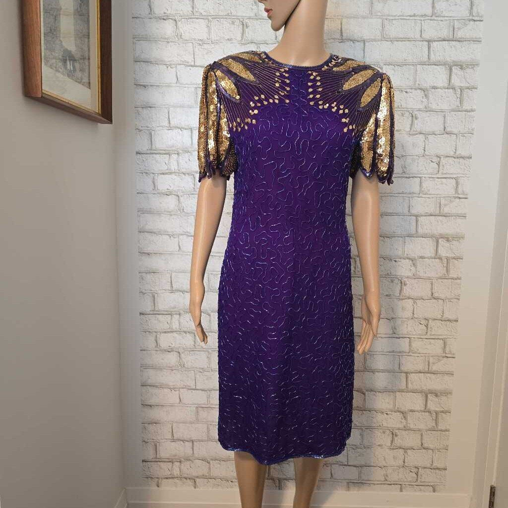 Vintage Laurence Kazar 1980s Beaded Dress - Purple