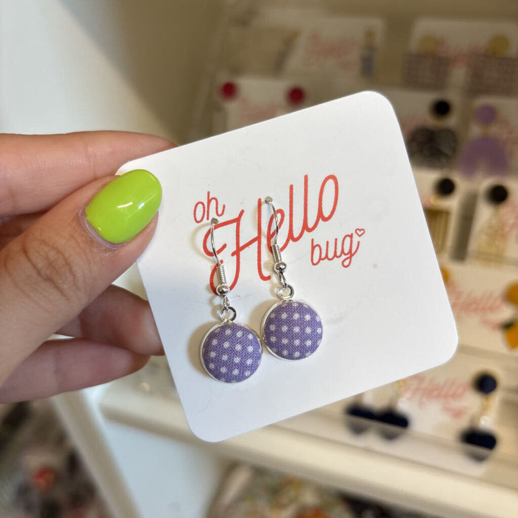 DANGLE EARRINGS - WHITE/PURPLE POLKA DOT