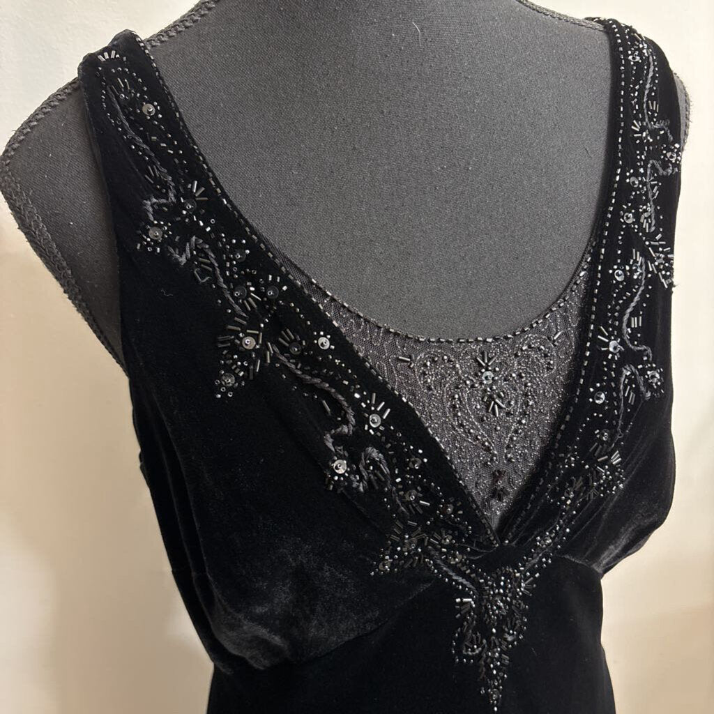 VELVET BLACK DRESS W/BEADED NECKLINE