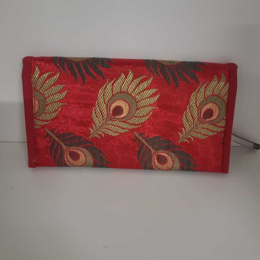 RED WALLET WITH PEACOCK FEATHERS