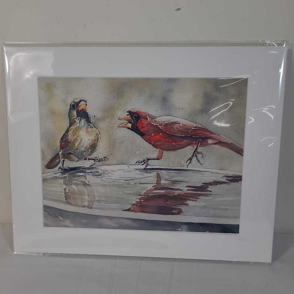 ROBINS IN A BIRD BATH - WATERCOLOUR PRINT