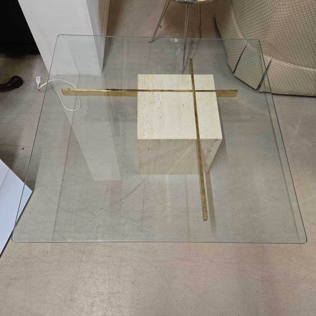 BRASS, GLASS & TRAVERTINE COFFEE TABLE