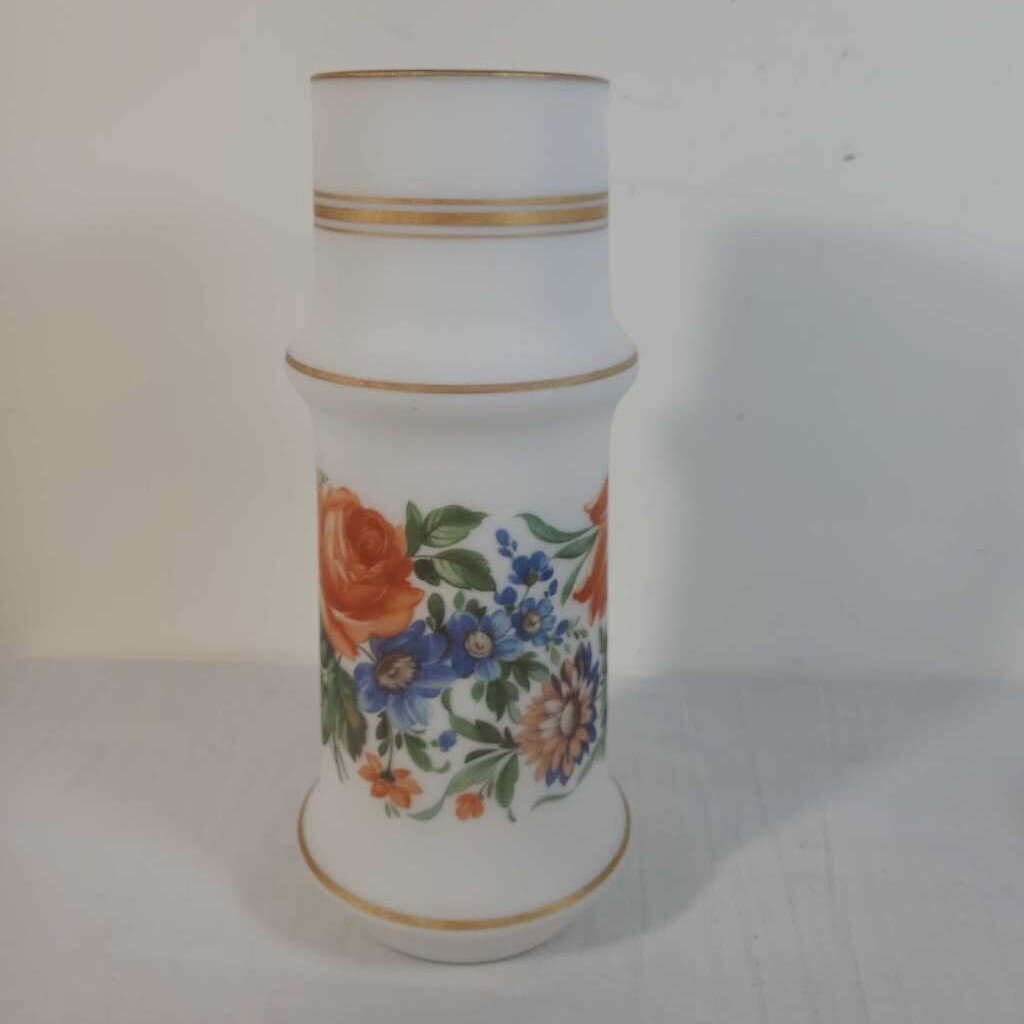 FROSTED WHITE GLASS VASE W/FLORAL PATTERN
