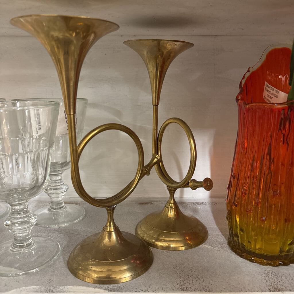 Pair (2) Vntg Brass Horn Candleholders