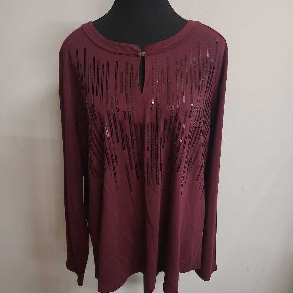 OLSEN - MAROON L/S SEQUIN TOP
