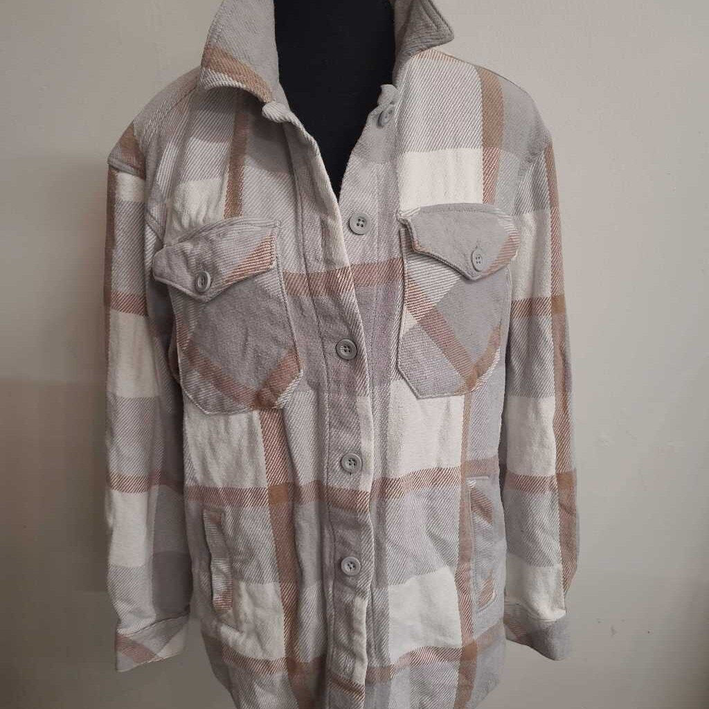 THE B.C. CLOTHING CO. - GREY/WHITE/BROWN BUTTON UP FLANNEL W/ POCKETS