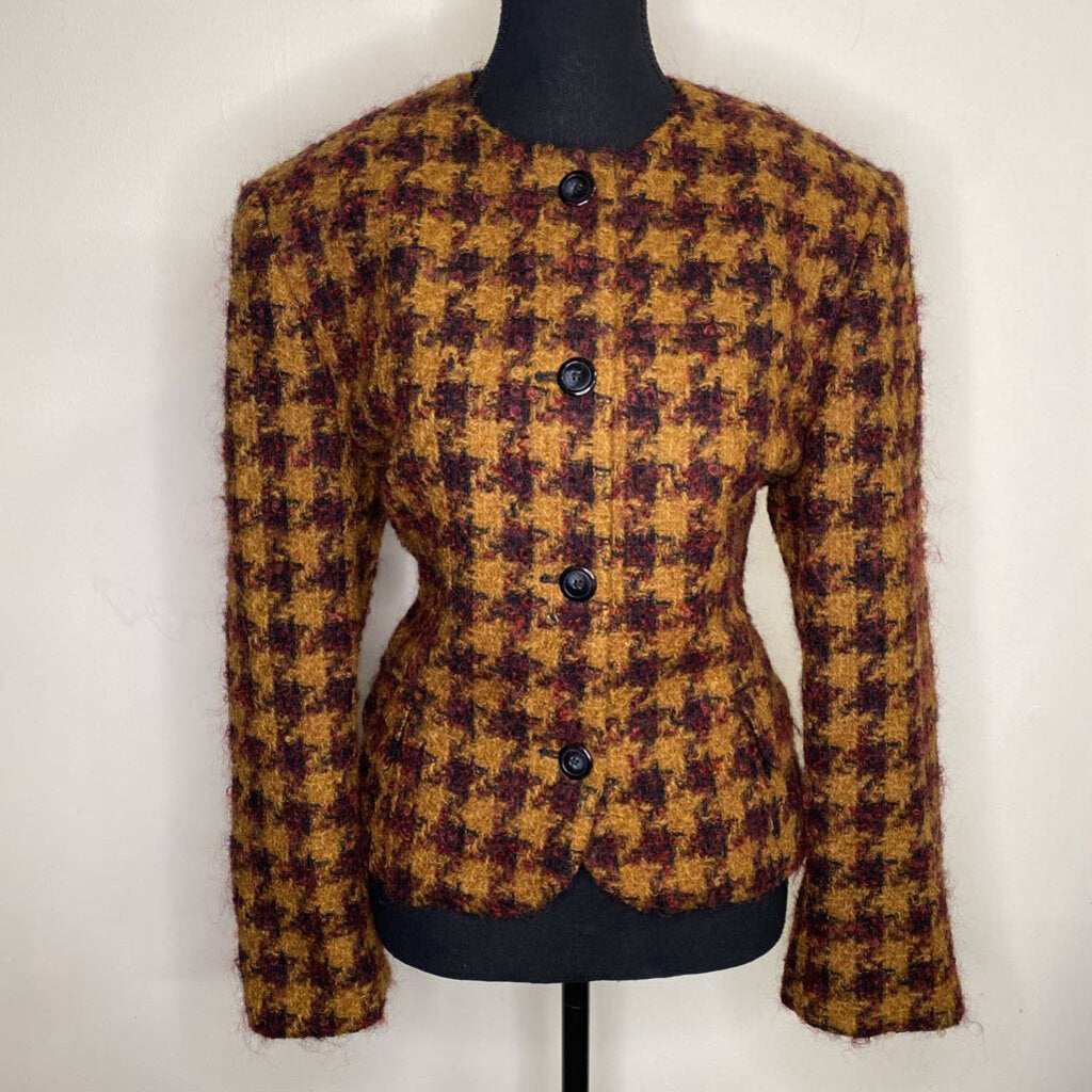 JONES NEW YORK - MUSTARD/RED WOOL BLEND HOUNDSTOOTH BLAZER
