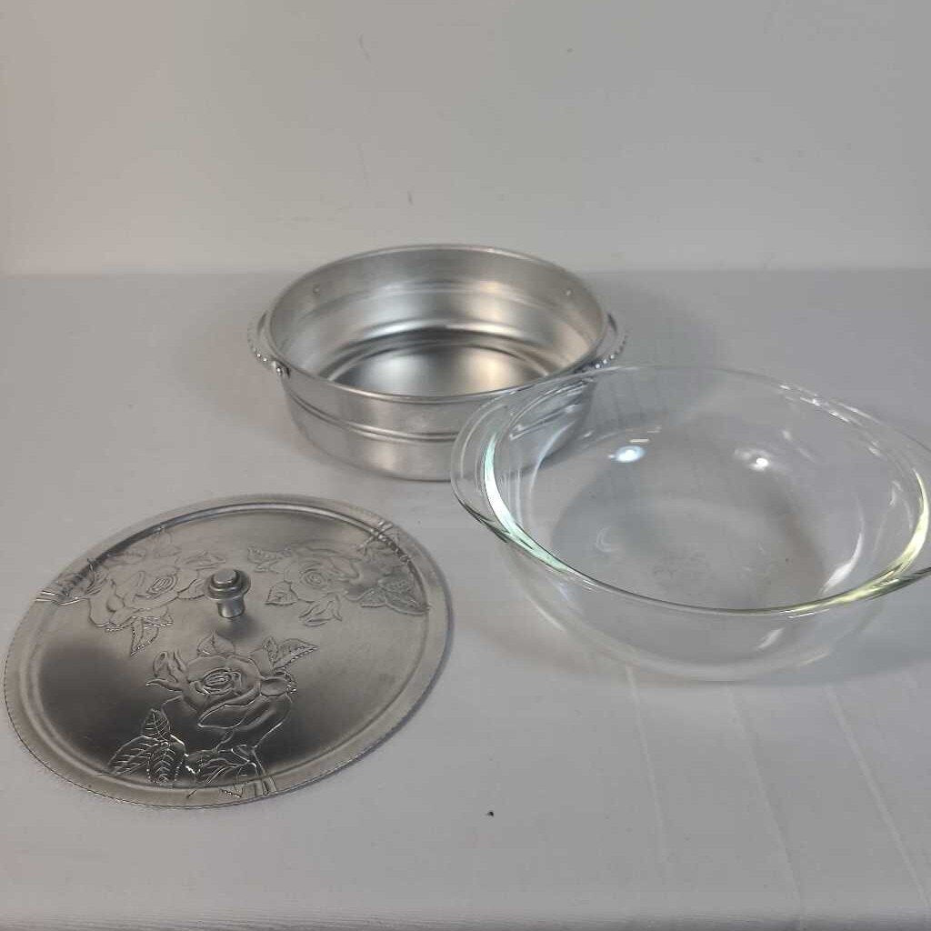 VTG FORGED ALUMINUM CASSEROLE SERVER W/ROSES