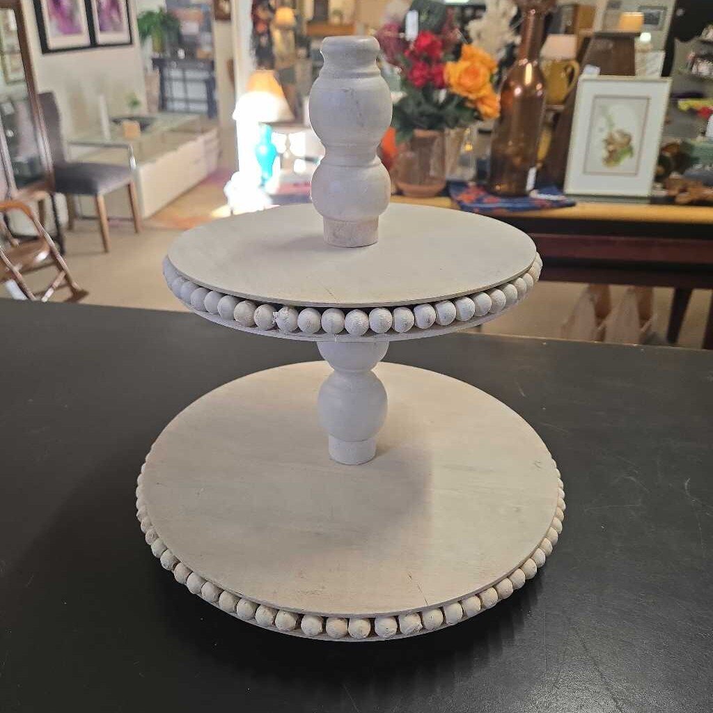 WOODEN BEADED 2 TIER TRAY