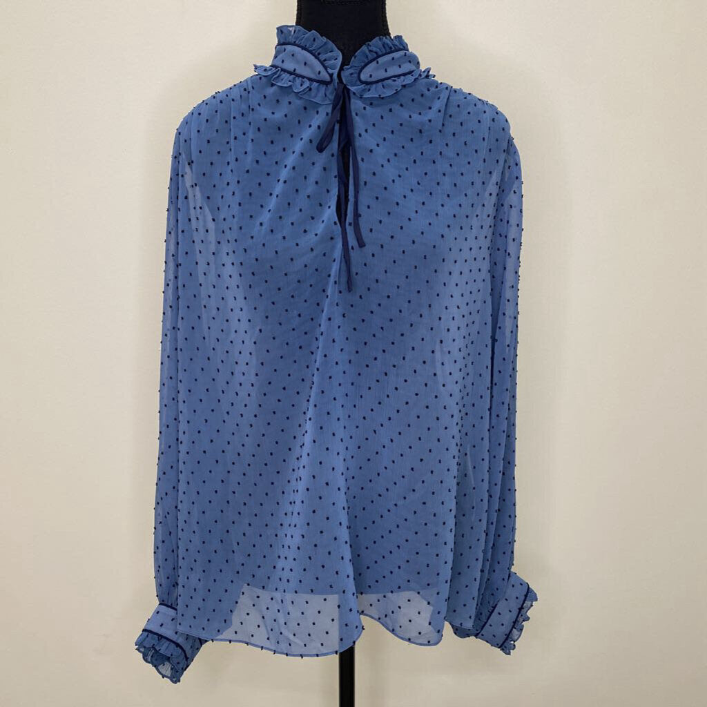 SANDRO - BLUE BUTTON-UP BLOUSE W/ DOTS