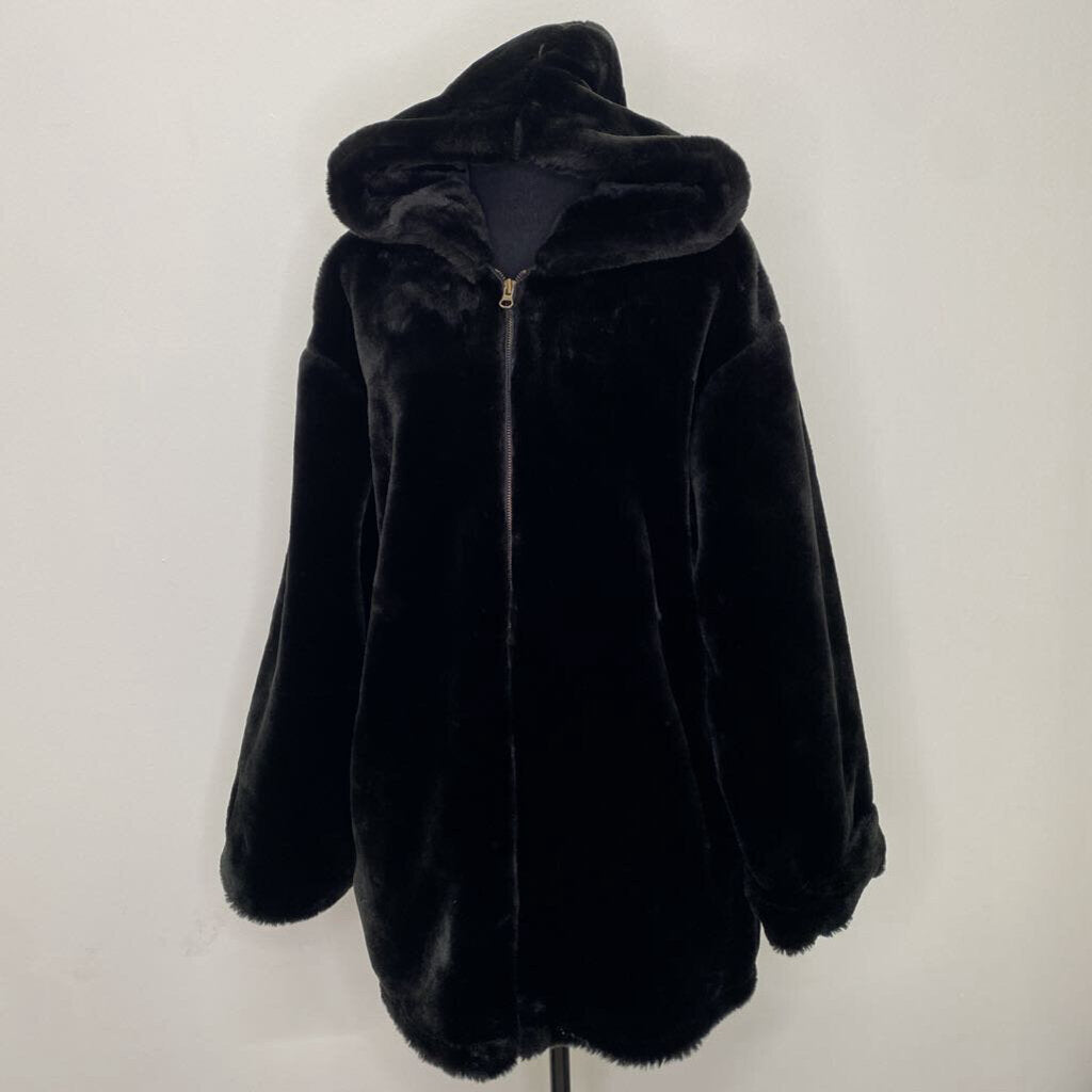 WEATHER SPIRITS - BLACK FAUX FUR COAT W/ HOOD