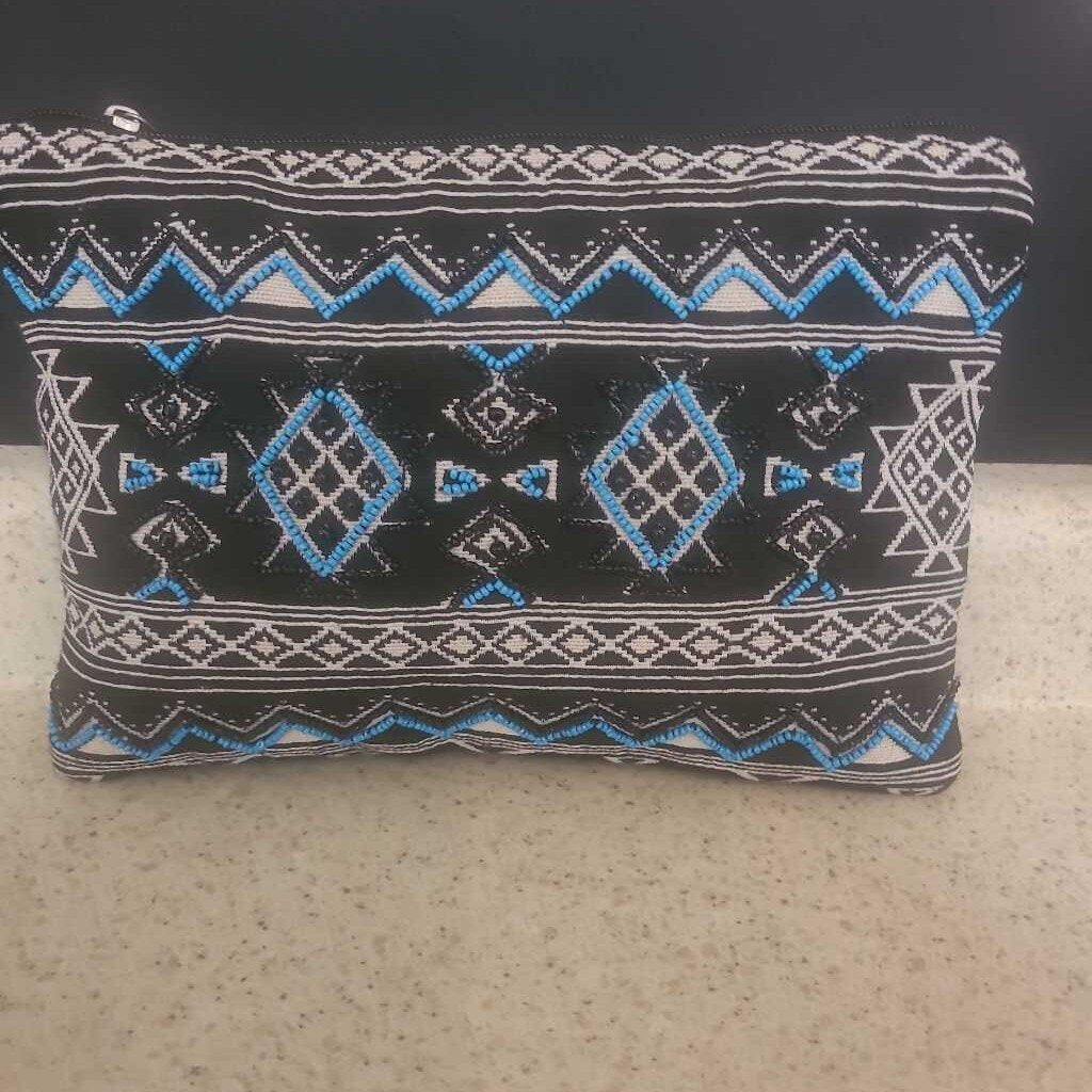 APHORISM - BLUE/BLACK AZTEC BEADED POUCH