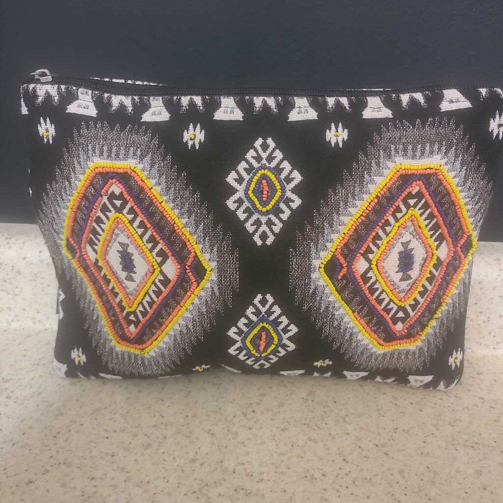 APHORISM - BLUE/YELLOW/ORANGE/BLACK AZTEC BEADED POUCH