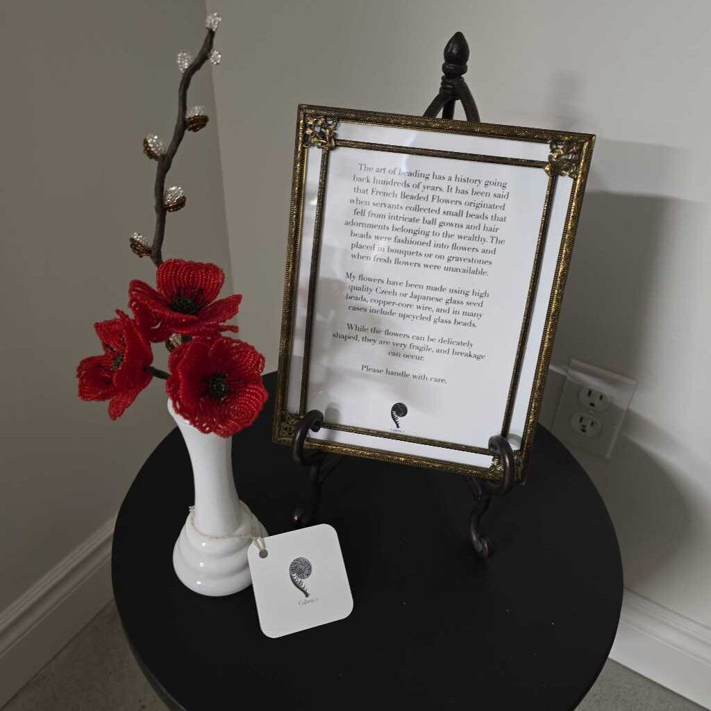 Handcrafted Glass Bead Poppy Trio w/ Catkin in Vtg Milkglass Vase