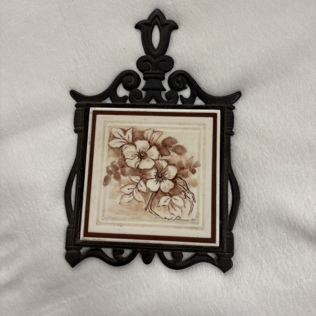 Vintage Ceramic Tile Trivet w Cast Iron Holder