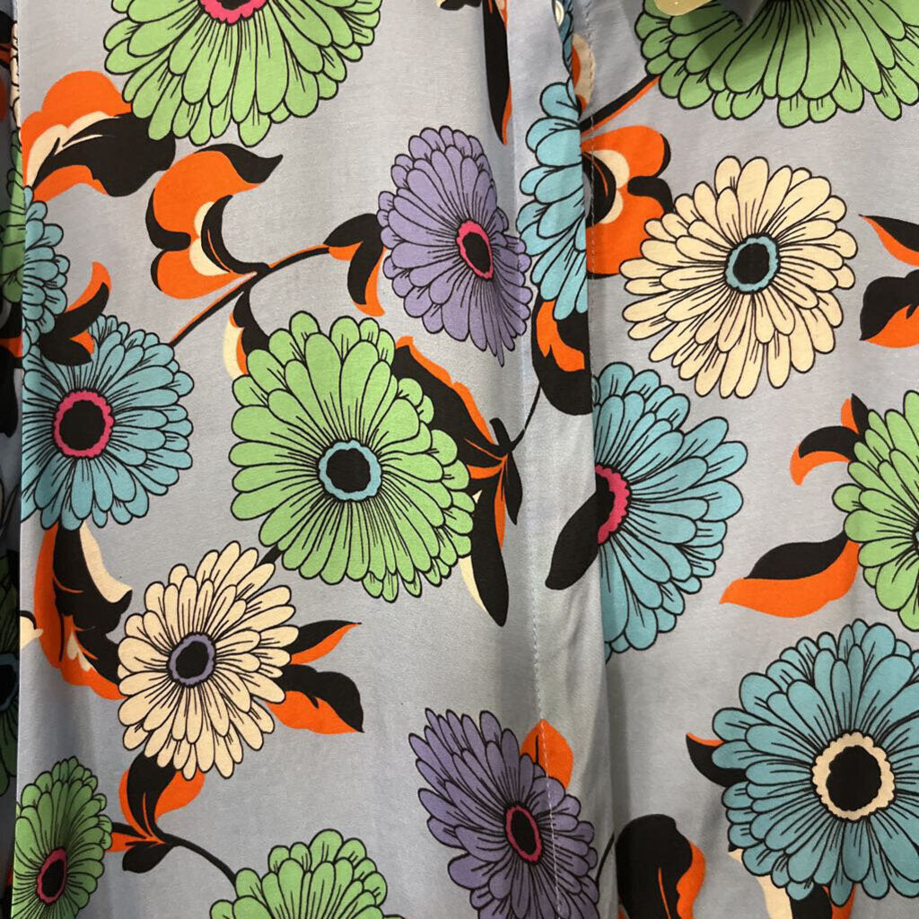 Women's Blue Button Down Shirt with Multi-Colour Flowers