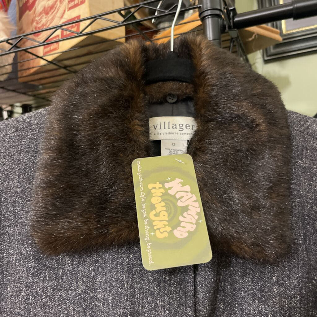Villager Vintage Grey Tweed Blazer with Removable Faux Fur Collar