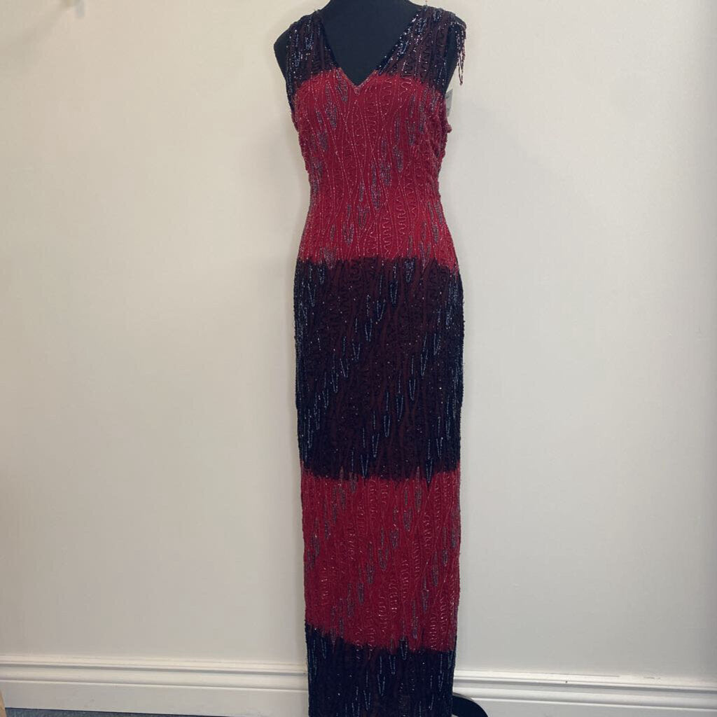 VTG - RED/BLACK BEADED EVENING MAXI DRESS