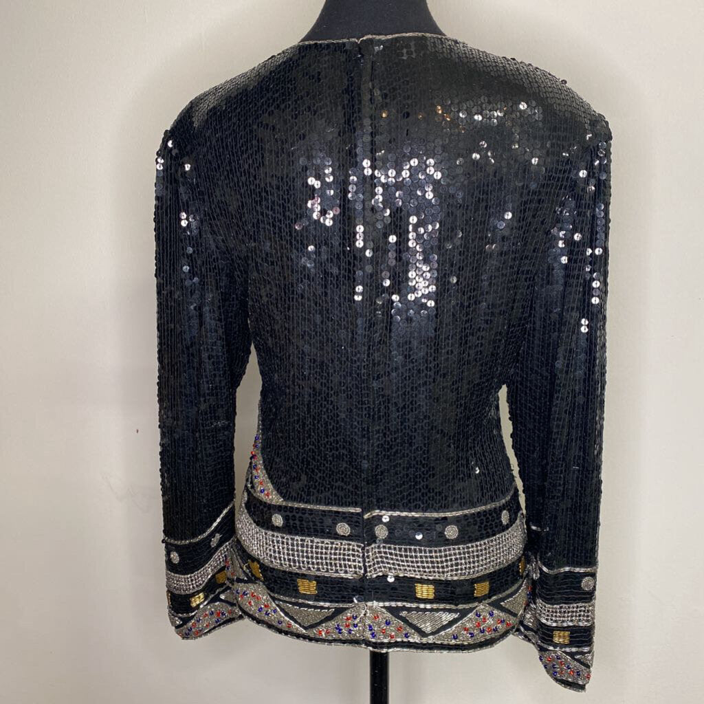 LIPTONS - BLACK 100% SILK L/S SEQUIN BEADED TOP