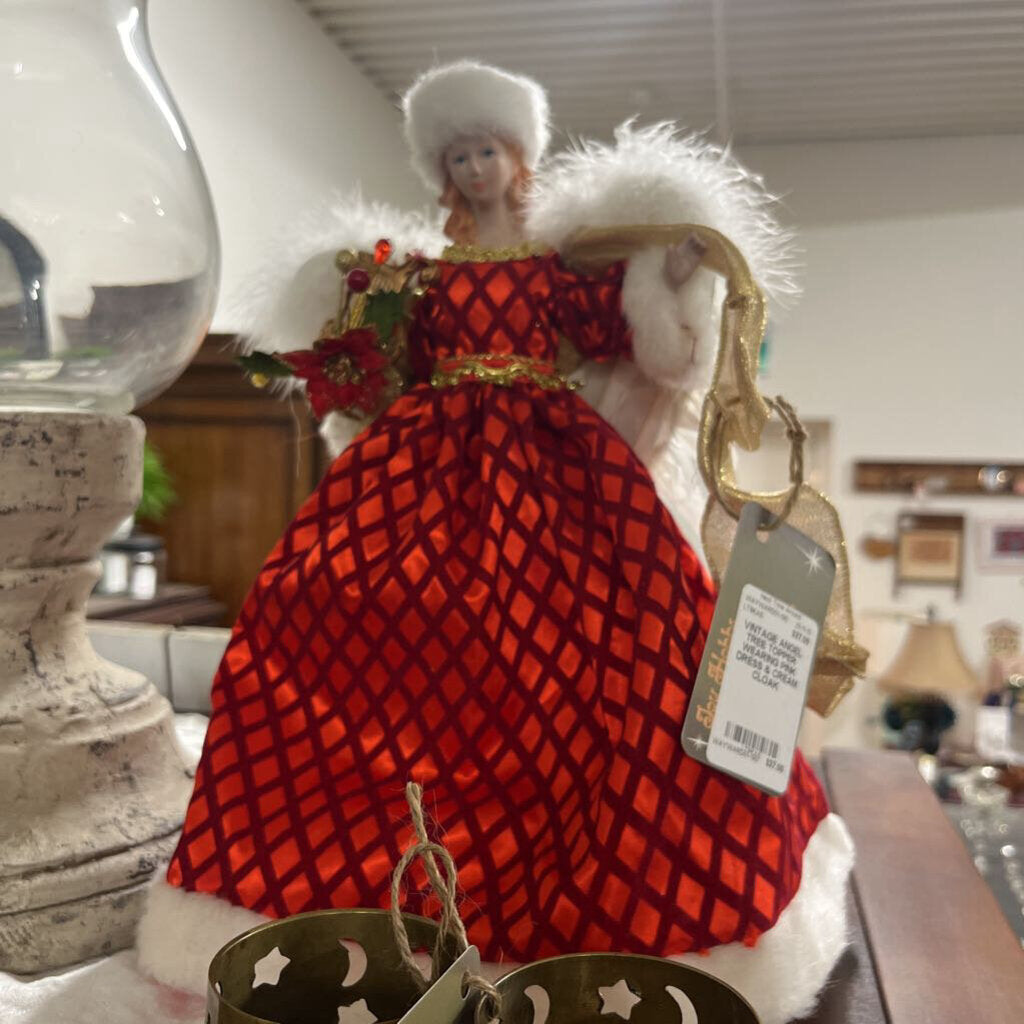 VINTAGE ANGEL TREE TOPPER WEARING PINK DRESS & CREAM CLOAK